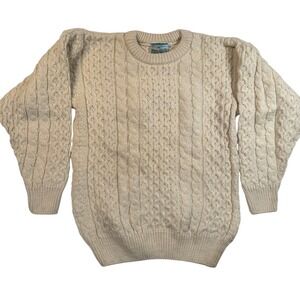 Gaeltarra Wool Cable Knit Aran Fisherman Sweater Mens Small Cream Ireland Made